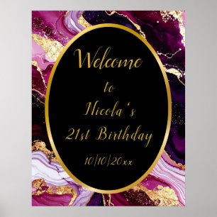 Burgundy Red and Gold Marble Agate Birthday Party Poster