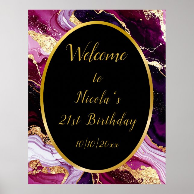 Burgundy Red and Gold Marble Agate Birthday Party Poster (Front)