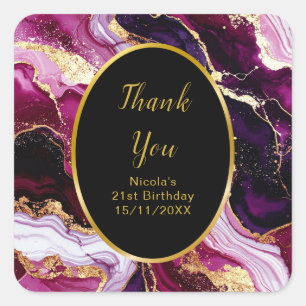 Burgundy Red and Gold Marble Agate Birthday Party Square Sticker