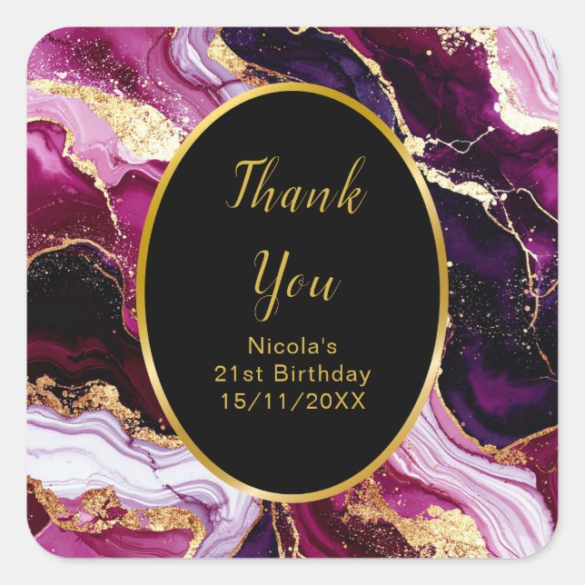 Burgundy Red and Gold Marble Agate Birthday Party Square Sticker (Front)