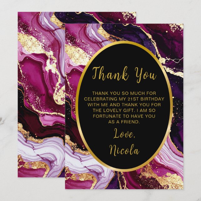 Burgundy Red and Gold Marble Agate Birthday Party Thank You Card (Front/Back)