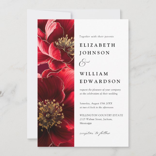 Burgundy Red And Gold Modern Floral Photo Wedding Invitation (Front)