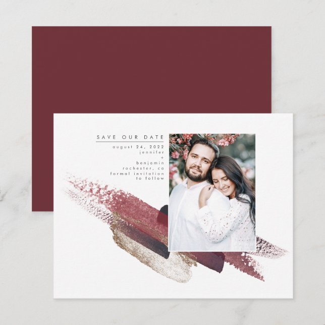 Burgundy Red and Gold Modern Save the Date Photo (Front/Back)