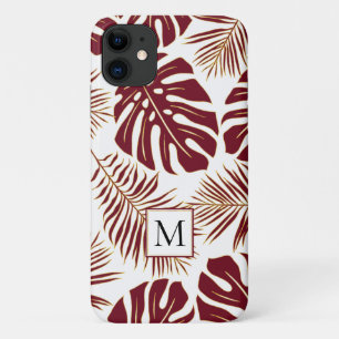 Burgundy red and gold tropical leaves and monogram iPhone 11 case