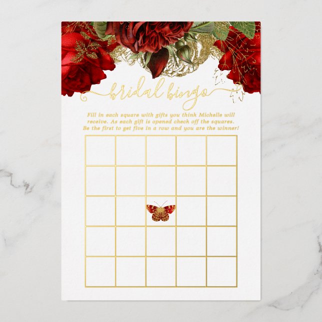 Burgundy Red and Gold Vintage Bridal Shower Bingo  (Front)