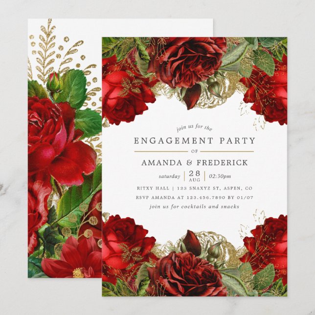 Burgundy Red and Gold Vintage Engagement Party Invitation (Front/Back)