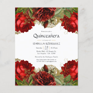 Burgundy Red and Gold Vintage Roses Quinceañera Flyer