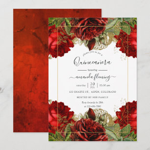 Burgundy Red and Gold Vintage Roses Quinceañera Invitation
