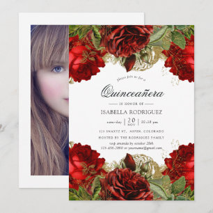Burgundy Red and Gold Vintage Roses Quinceañera Invitation