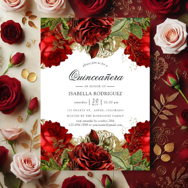 Burgundy Red and Gold Vintage Roses Quinceañera Invitation (Burgundy Red and Gold Vintage Roses Quinceañera Invitation)