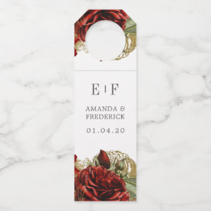 Burgundy Red and Gold Vintage Roses Wedding Bottle Tag