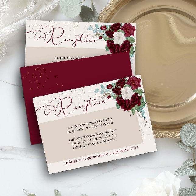 Burgundy Red and Ivory Rose Reception Enclosure Card (Burgundy red reception cards from my Royal Rose Quinceanera collection)