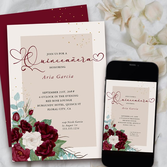 Burgundy Red and Ivory Roses Elegant Quinceanera Invitation (Quinceanera Invitation from my Royal Roses collection
)