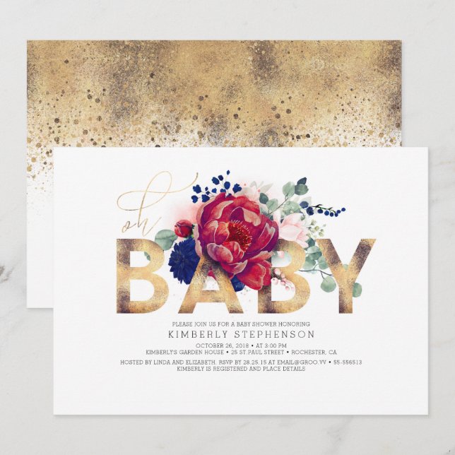 Burgundy Red and Navy Blue Floral Baby Shower Invitation (Front/Back)