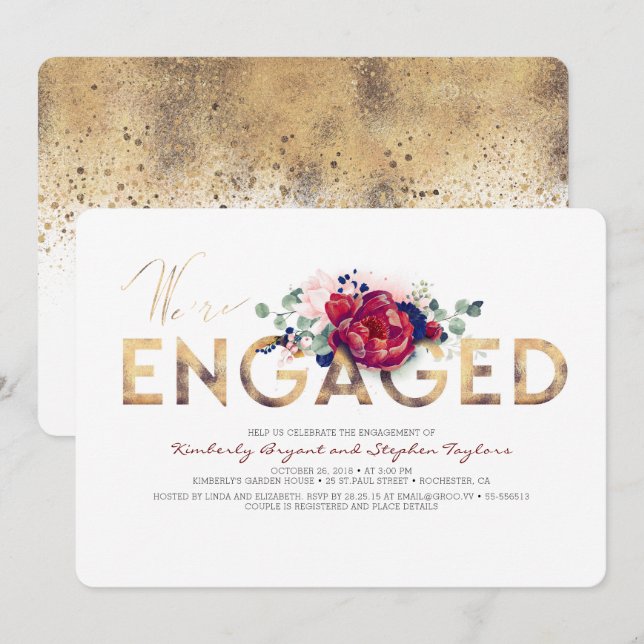 Burgundy Red and Navy Blue Floral Engagement Party Invitation (Front/Back)
