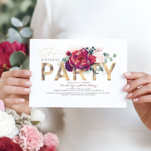 Burgundy Red and Navy Blue Floral Surprise Party Invitation