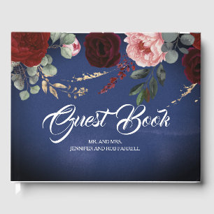 Burgundy Red and Navy Blue Floral Wedding Guest Book