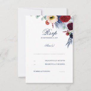 Burgundy Red and Navy Blue Floral Wedding RSVP