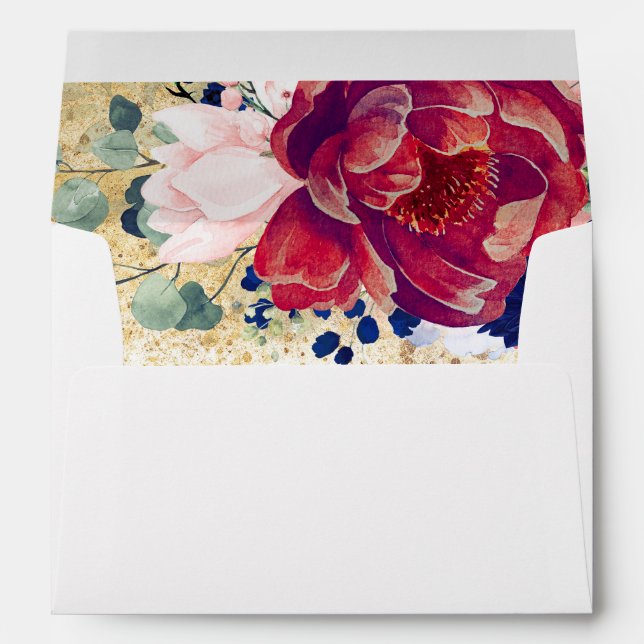Burgundy Red and Navy Blue Flowers Gold Glitter Envelope (Back (Bottom))