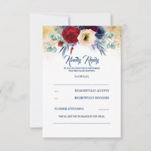 Burgundy Red and Navy Blue Nautical Wedding RSVP Card