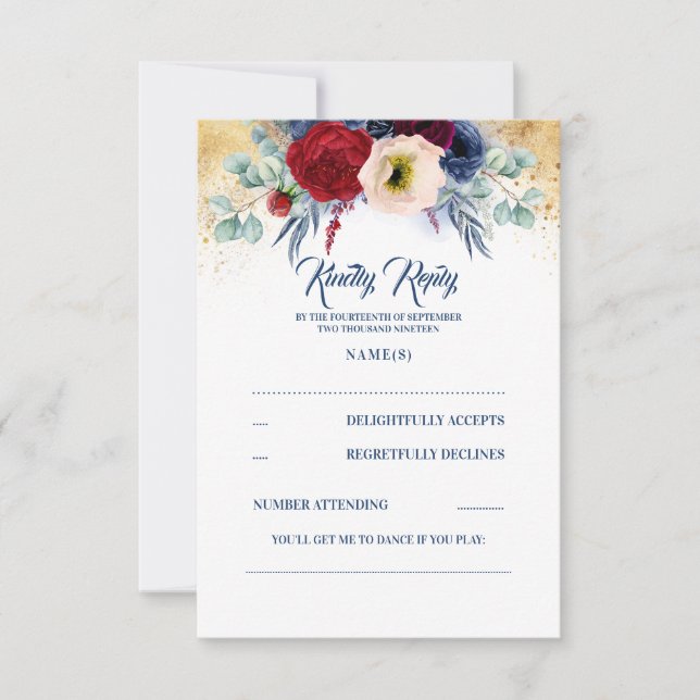 Burgundy Red and Navy Blue Nautical Wedding RSVP Card (Front)