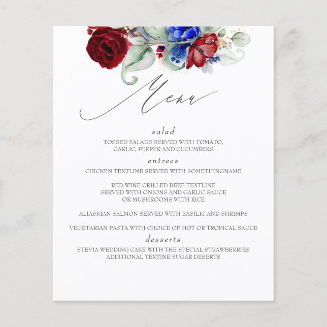 Burgundy Red and Navy Blue Wedding Menu (Front)