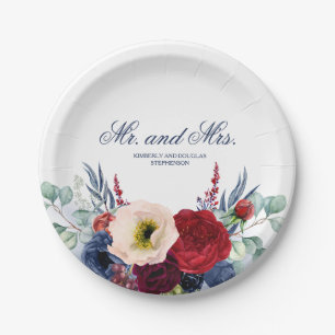 Burgundy Red and Navy Flowers Fall Wedding Paper Plate