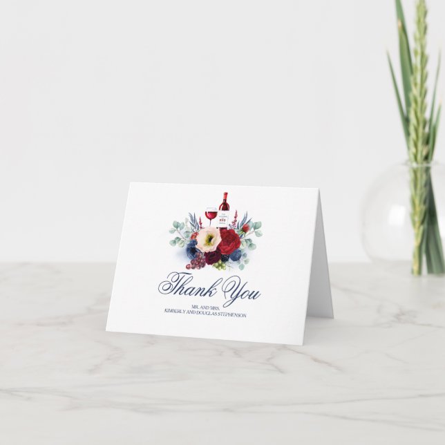 Burgundy Red and Navy Flowers Wedding Thank You Card (Front)
