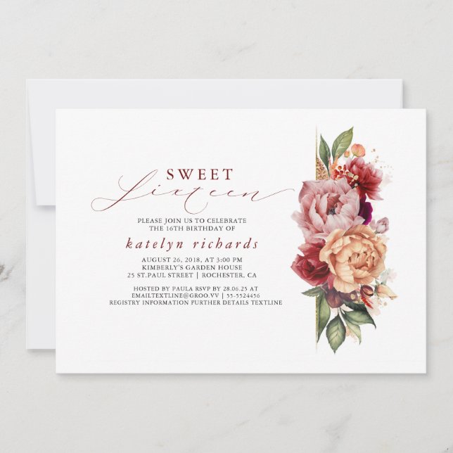 Burgundy Red and Orange Floral Chic Sweet Sixteen Invitation (Front)