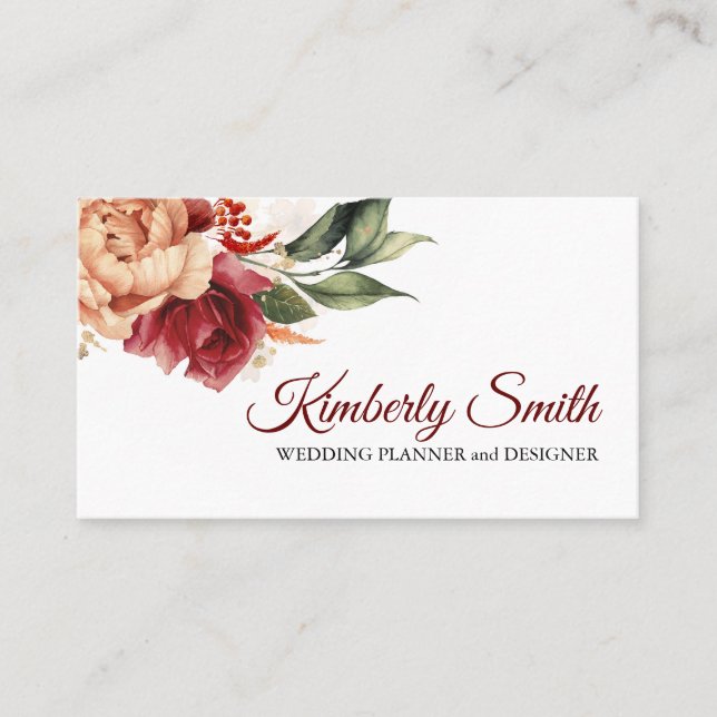Burgundy Red and Orange Floral Elegant Botanical Business Card (Front)