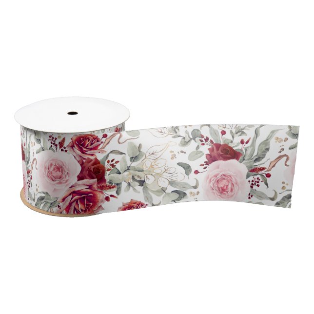 Burgundy Red and Pink Elegant Flowers Botanical Satin Ribbon (Spool)