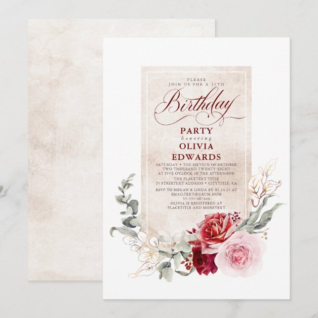 Burgundy Red and Pink Floral Birthday Party Invitation (Front/Back)