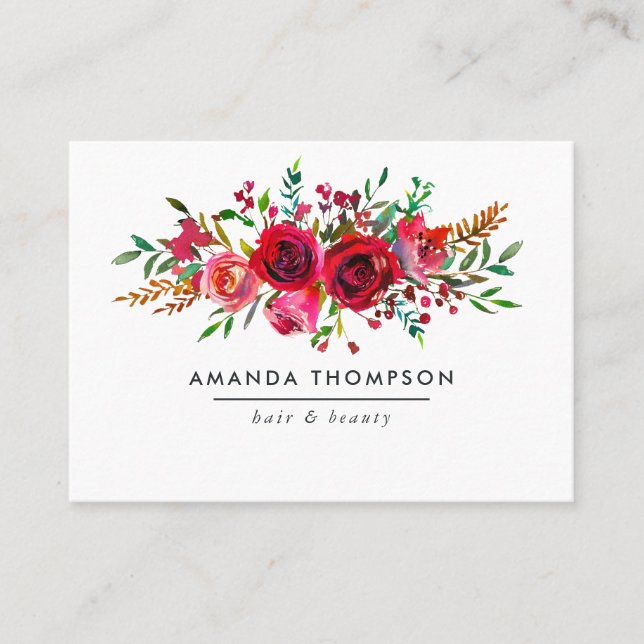 Burgundy Red and Pink Floral Business Card (Front)