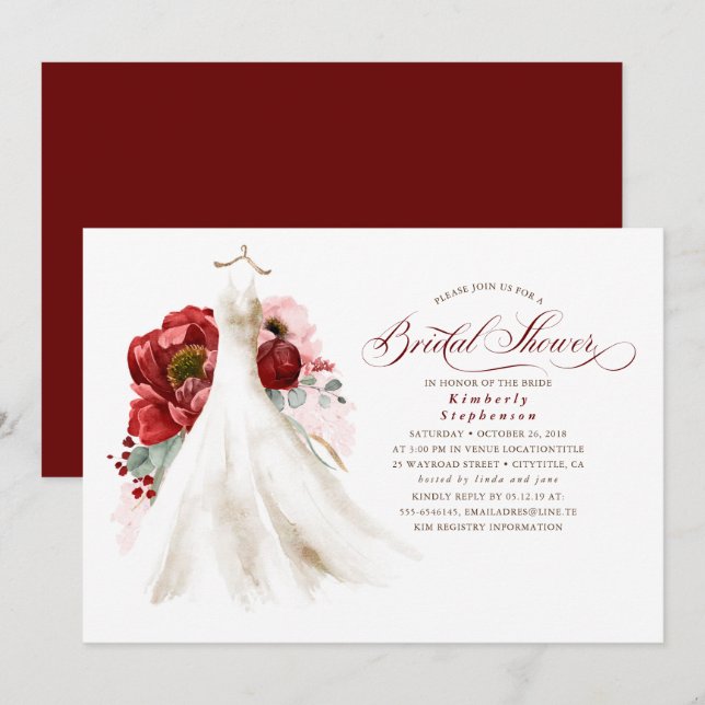 Burgundy Red and Pink Floral Dress Bridal Shower Invitation (Front/Back)
