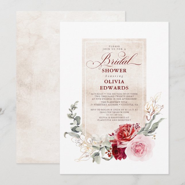 Burgundy Red and Pink Flowers Bridal Shower Invitation (Front/Back)