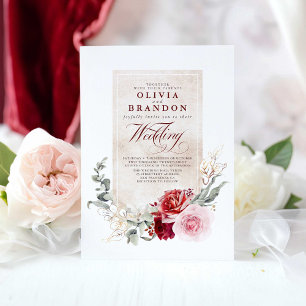 Burgundy Red and Pink Flowers Elegant Wedding Invitation