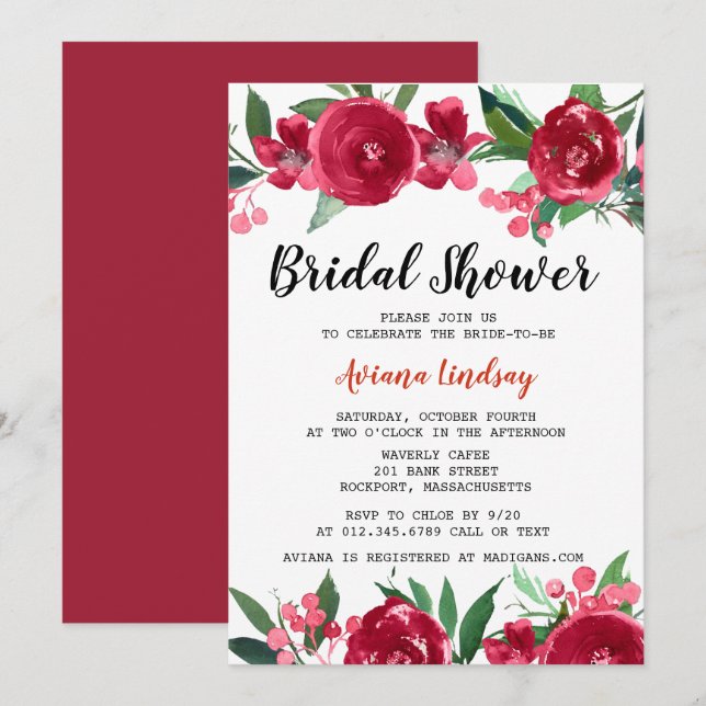 Burgundy Red and Pink Pretty Floral Bridal Shower Invitation (Front/Back)