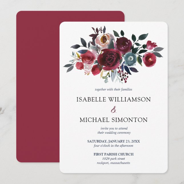 Burgundy Red and Pink Rose Floral Wedding Invitation (Front/Back)
