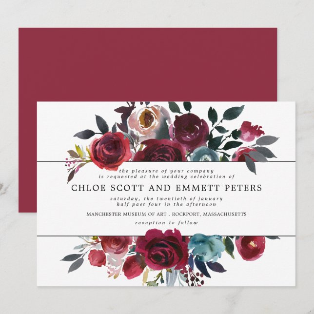 Burgundy Red and Pink Rose Floral Wedding Invitation (Front/Back)