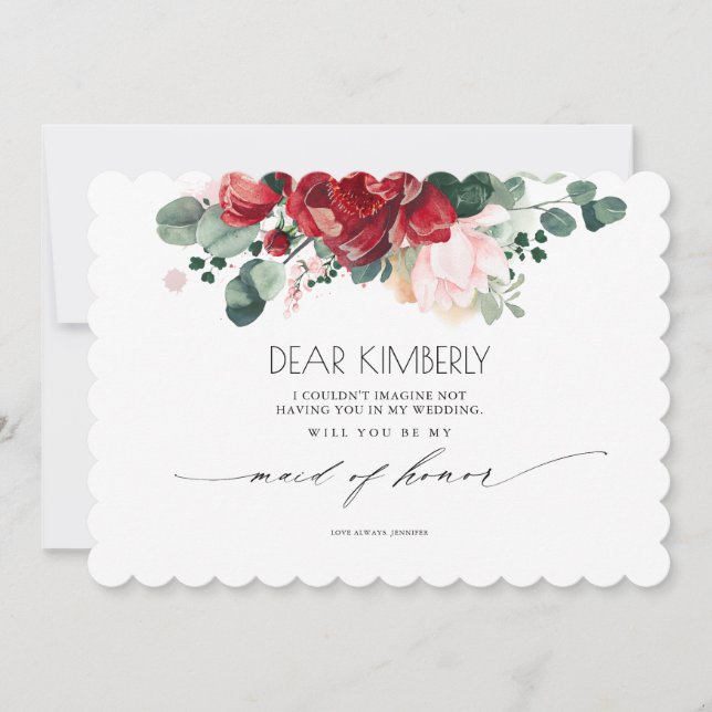 Burgundy Red and Pink Will You Be My Maid of Honou Invitation (Front)