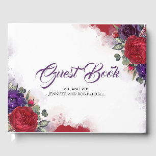 Burgundy Red and Plum Purple Floral Wedding Guest Book