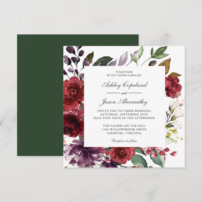 Burgundy Red and Purple Floral Romantic Wedding Invitation (Front/Back)