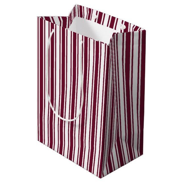 Burgundy red and white candy stripes medium gift bag (Back Angled)