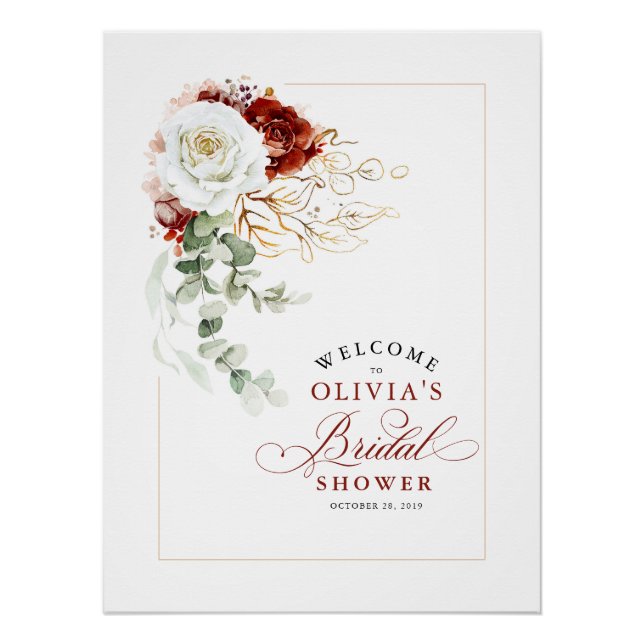 Burgundy Red and White Chic Bridal Shower Welcome Poster (Front)