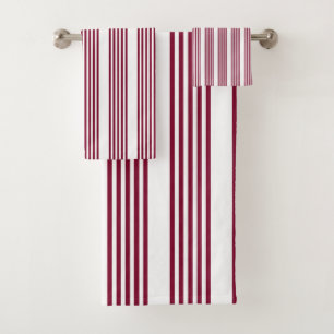 Burgundy red and white five stripe pattern bath towel set