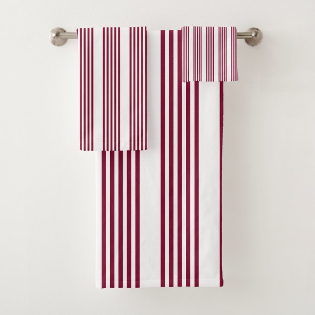 Burgundy red and white five stripe pattern bath towel set (Insitu)