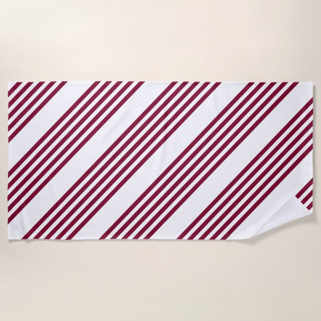 Burgundy red and white five stripe pattern beach towel (Front)
