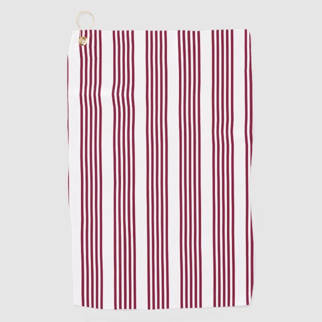 Burgundy red and white five stripe pattern golf towel (Front)