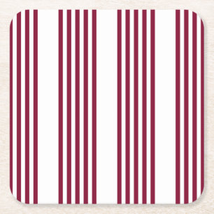 Burgundy red and white five stripe pattern square paper coaster