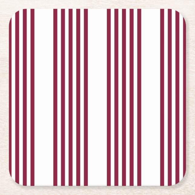 Burgundy red and white five stripe pattern square paper coaster (Front)